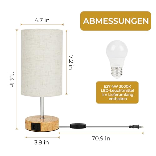 Suright Bedside Lamp Touch Dimmable Set of 2, Table Lamp with Charging Function USB A+C Connections, Linen Lampshade, Wooden Base, Small Lamp for Bedroom, Living Room (LED Bulb Included)