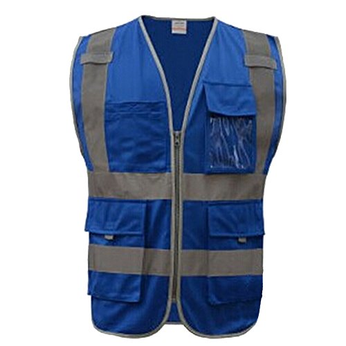 GOGO 8 Pockets High Visibility Zipper Front Safety Vest With Reflective Strips, Meets ANSI Standards-Blue-XXL
