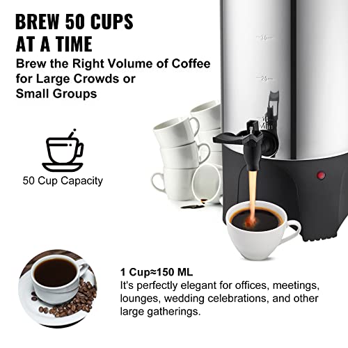 VEVOR Commercial Coffee Urn, 50 Cups Stainless Steel Large Coffee Dispenser, 1000W 110V Electric