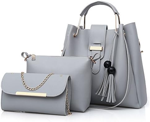 Grey PU Leather Handbag+Shoulder Bag+Purse 3pcs Set Tote for Women with Zipper and Pockets