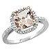 14K White Gold Natural Morganite Ring Cushion-cut 8x8mm Diamond Accent, size 7