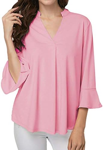 HULKAY Womens Tops Sale Clearance Upgrade Stylish 3/4 Ruffle Sleeve V Neck Pure Color Loose Tee-Shirt Sweatshirt Blouses
