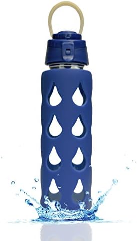 Wide Mouth Glass Water Bottle by Fresh Taste - Beautifully Designed with Protective Silicone Sleeve for Easy GrippingScrew-on Flip Top Cap - Leak Proof Seal - BPA Free - 22 Ounce