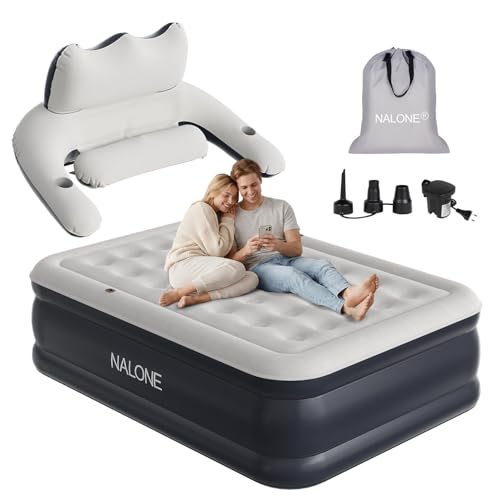 NALONE Inflatable Mattress with Integrated Pump & Integrated Backrest, 2 Seater Inflatable Mattress, Self-Inflating Inflatable Bed for Camping and Home, 195 x 142 x 45 cm (Full) | Self-inflating inflatable bed with built-in headboard, for home and camping, comfortable and compact