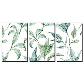 3 Panel Watercolor Style Green Leaves on White...