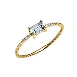14k Yellow Gold Diamond and Emerald Cut Solitaire Aquamarine Dainty Promise/Engagement Ring