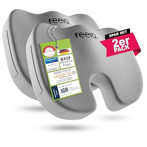 feela.® Orthopädisches Sitzkissen [3 Härtegrade] TESTSIEGER – Ergonomische Sitzkissen für Bürostuhl & Auto – Schmerzlindernd, Steißbein entlastend, Si