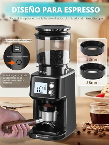 Homtone Electric Coffee Grinder with Conical Grinder - Coffee Mill with 51 Grinding Levels, Removable Holder, Container Included - For Espresso, Filter Coffee, Cold Brew (Nero)