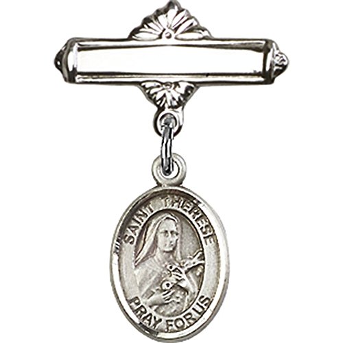 Sterling Silver Baby Badge with St. Therese of Lisieux Charm and Polished Badge Pin 1 X 5/8 inches