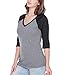 Kavio! Women Sheer Jersey Cntrst V Neck Raglan 3/4 Sleeve Dark H.Gray/Black L