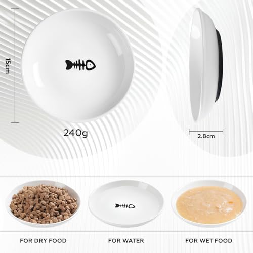AMROAH 3pcs Cat Food Bowl Set Dishes for Indoor Cat & Kitten, Wide Anti Whisker Fatigue Heavy Non-Slip Ceramic Cat Bowls Plate for Dry Wet Food & Water Home Outdoor