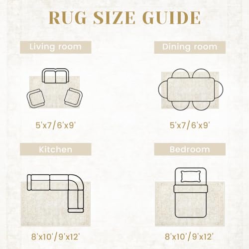 8x10 Area Rugs for Living Room: Washable Large Vintage Floral Rug Low Pile Non-Slip Boho Carpet for Bedroom Dining Home Office (Beige, 8'x10')