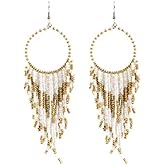 Boho Handmade Beaded Tassel Earrings Statement Seed Beads Earrings Multicolor Long Rice Beaded Fringe Drop Dangle Earrings Bohemian Jewelry for Women