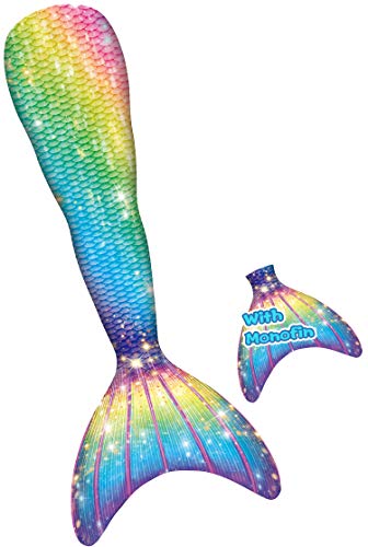 YITU Mermaid Tails for Swimming with Monofin Swimmable Costume Swimsuit for Kids, Boys and Girls -Rainbow Candy-120