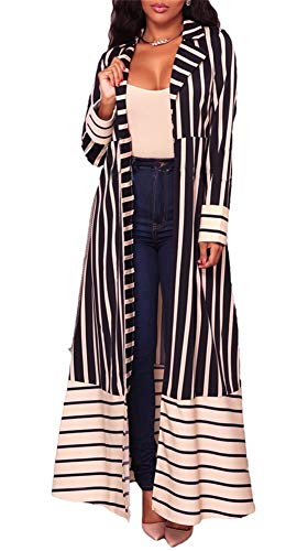 HuiSiFang Women's Casual Striped Long Sleeve Lapel Kimono Cardigans Patchwork Outwear Belted