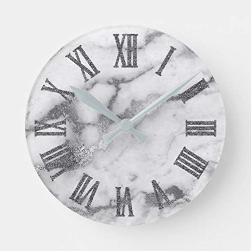 Enidgunter Silver White Gray Carrara Marble Stone Roman Number Large Wall Clocks Decorative for Living Room Kitchen Bedroom Bathroom Home Office Decor 12 inches