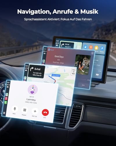 LAMTTO 11 Zoll Wireless CarPlay Display mit YouTube TikTok Video-Apps,Tragbares Autoradio für Apple CarPlay&Android Auto mit Rückfahrkamera/Navigation/In-Cell Touchscreen/Sprachassistent/OTA/Bluetooth