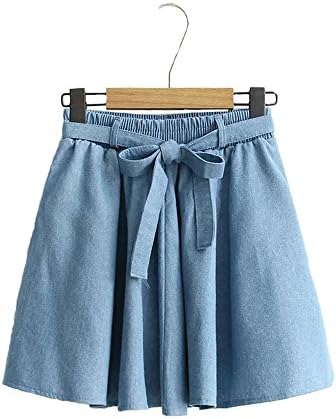 2017 New Arrival Girl's High Waist A Line Pleated Flared Swing Mini Denim Skater Skirts with Belt (Light Blue)