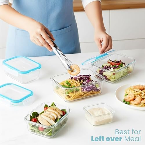Set di contenitori in vetro per la conservazione degli alimenti - 18 pezzi (9 contenitori e 9 coperchi) - A tenuta d'aria, a prova di perdite - Senza BPA