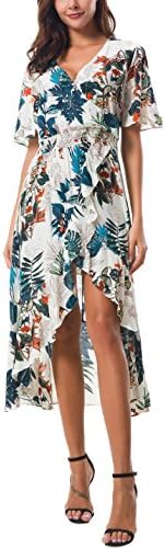 KorMei Womens Short Sleeve Floral High Low V-Neck Flowy Party Long Maxi Dress