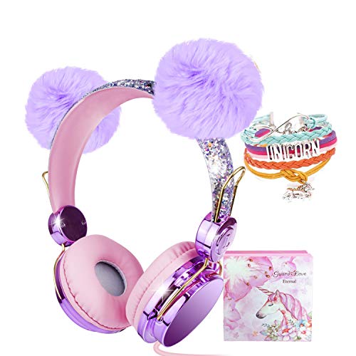 Kids Headphones, Purple POM POM Bear Ear 2020 Upgraded w/Adjustable