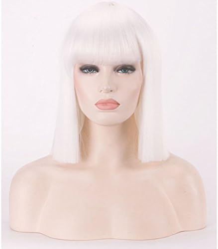 BERON14’’Straight Bob Wig Shoulder Length Natural Flat Bang Wig with Free Wig Cap (White)