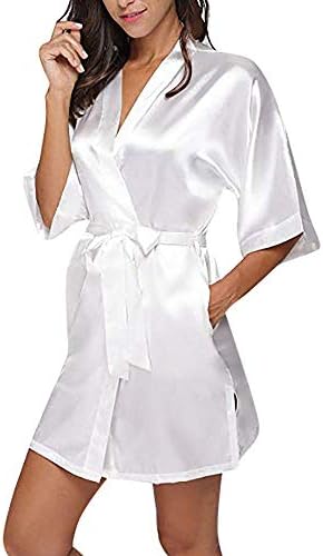 New Women's Casual Solid 1/2 Sleeved V-Neck Bandage Satin Sleepwear Super Comfy Cute Hot Tops White L