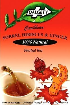 DALGETY SORREL/HIBISCUS GINGER HERBAL TEA. REAL CARIBBEAN TEA. 20 TEABAGS PER CARTON. THIS TEA CAN BE USED HOT OR COLD. A BLEND WHICH ENTICES YOU with ITS DELICIOUS QUENCHING SORREL FRUITY FLAVOR, SPICED with NATURAL DRIED GINGER of the TROPICS. MEDIUM STRENGTH HERBAL TEA with ALL NATURAL INGREDIENTS. PRODUCT of the UK.