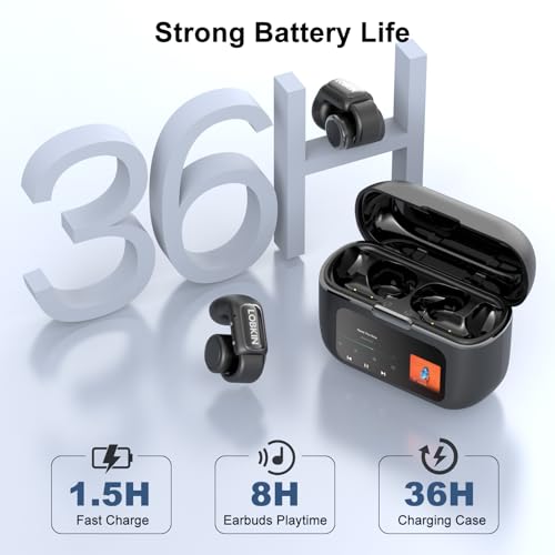LOBKIN Open Ear Headphones, Clip On Earphones, Wireless Earbuds Bluetooth 5.4, Open Ear Earbuds with LED Touchscreen Display and 4GB Memory,36 Hours Playtime,Sports Headphones for Fitness and Running | Bluetooth 5.4, with LED Touchscreen Display and 4GB Memory,36H Playtime,Sports Earphones for Fitness and Running