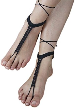AlexStudio Ornate Wedding Bridal Knit Anklet Foot Chain Barefoot Yoga Sandals Beach Pool Nude Shoes Foot (Black)