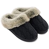 Women's Soft Yarn Cable Knitted Slippers Memory Foam Anti-Skid Sole House Shoes w/Faux Fur Collar, Indoor & Outdoor (7-8, Black)