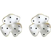 Dainty Polka Dot Flower Stud Earrings for Women | Gold Plated Elegant White Enamel Pearl Floral Studs Spring Summer Holiday Wedding Party Fashion Jewelry