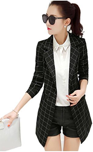 JZOEOEU Women's Juniors Women's Vintage Check Plaid Long Sleeve Casual Long Jacket Black Blazer