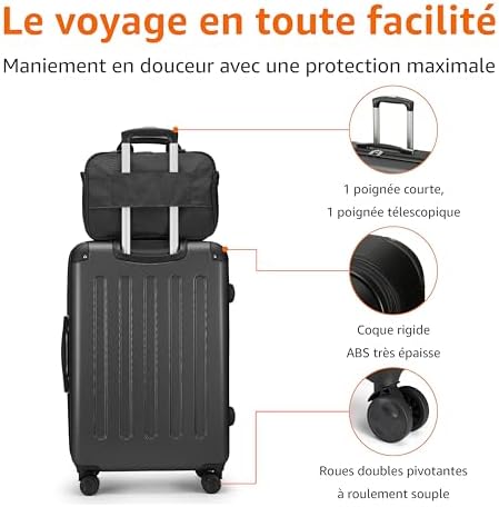 Ensemble de Bagages Rigides, 3 Pièces, Bagage Cabine, Sac Fourre-Tout, Sac de Voyage Compact, Extensible, 4 roulettes Pivotantes, Noir