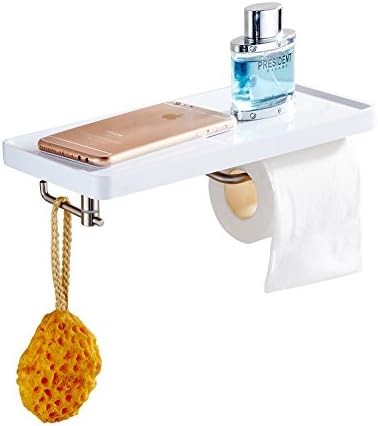 Cavoli White Toilet Paper Holder Wall Mounted,Stainless Steel Roll Holder with White Acrylic Storage Shelf for Mobile Phone,Brushed Stainless