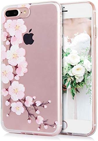 iPhone 8 Plus Case Flower iPhone 7 Plus Floral Back Cover Peach Blossom Pattern Clear Slim Protective TPU Frame with Four Bumpers Raised Lips Anti-Scratch Shockproof for Women Girls-[5.5"]