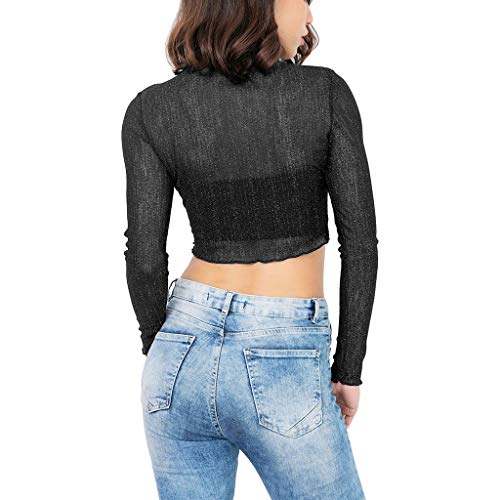 Women's Sexy See Through Sheer Mesh Long Sleeve Crop Top Tunic Blouse Shirts Belly Tank Tops Clubwear Black