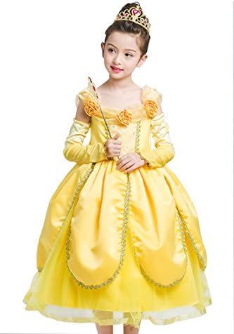 PRINCESS IBEAUTY Princess Belle Costume Deluxe Party Fancy Dress Up For Girls S3015 (3-4Y(120), Yellow)