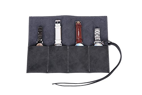 image for Hense Handmade Durable Suede Leather Watch Roll Traveling Case Watch R