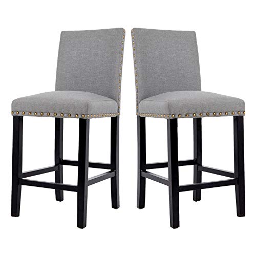 GOTMINSI Bar Stools with Nailheads, 24" Upholstered Bar Stools,Counter Height Bar Chairs with Solid Wood Legs, Set of 2 (Grey)