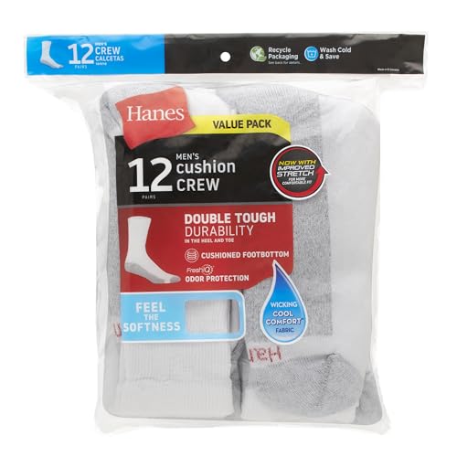 Hanes Men's Max Cushion Double Tough Crew Socks, 12-Pair Pack