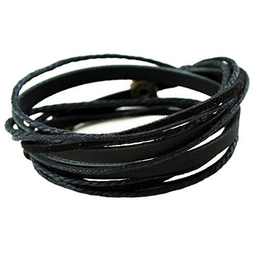 PopJ Handmade Rope Bracelet, Adjustable Leather Bracelet with Charms Multi-layer Design (Black)