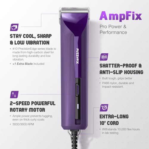 FuzzyFix Tondeuse professionnelle pour chiens avec câble et peignes métalliques amovibles, câble de 3 m, fonctionnement silencieux et sans surchauffe, avec boîtier antidérapant et incassable, pour les