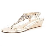 DREAM PAIRS PERSHIAN Women's Summer Low Wedge Heel Fashion Design Elastic Back Rhinestone Thong Sandals