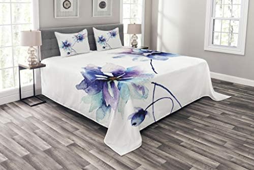 Ambesonne Watercolor Flower Bedspread, Flower Drawing with Mushy Spring Colours Retro Type Floral Art work, Ornamental Quilted 3 Piece Coverlet Set with 2 Pillow Shams, Queen Dimension, White Purple
