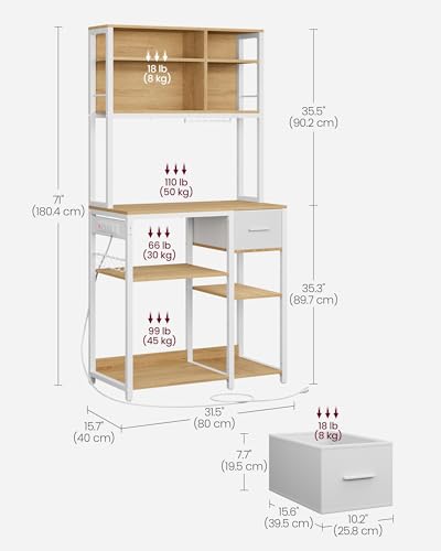 NEWBLUE Alacenas para Cocina, Ajustables Estante para Microondas de Cocina con Enchufes y 12 Ganchos, Cajón de Tela, Muebles para Microondas Mueble para Sala, Cafetería