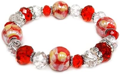 Woman Bracelet/Red Porcelain Beads/Crystal Beads/Rhinestones Spacer/ Stretch Bracelet