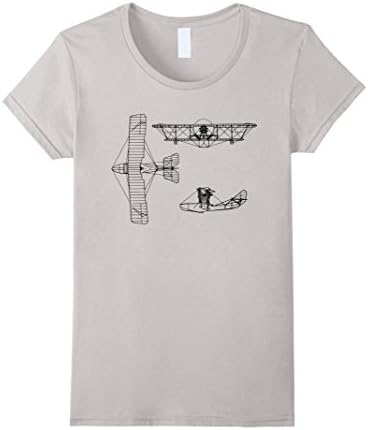 Women's Retro Blueprint Sketch of Vintage Bi-Plane Airplane T-shirt Large Silver