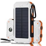 Solar Charger, Solar Power Bank 20000mAh Waterproof Portable External Battery USB Charger Built in LED light with Compass for iPad iPhone Android Cellphones (White & Orange)