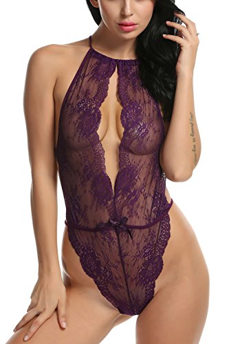 Avidlove Lingerie For Women Teddy One Piece Lace Babydoll Bodysuit Purple XL